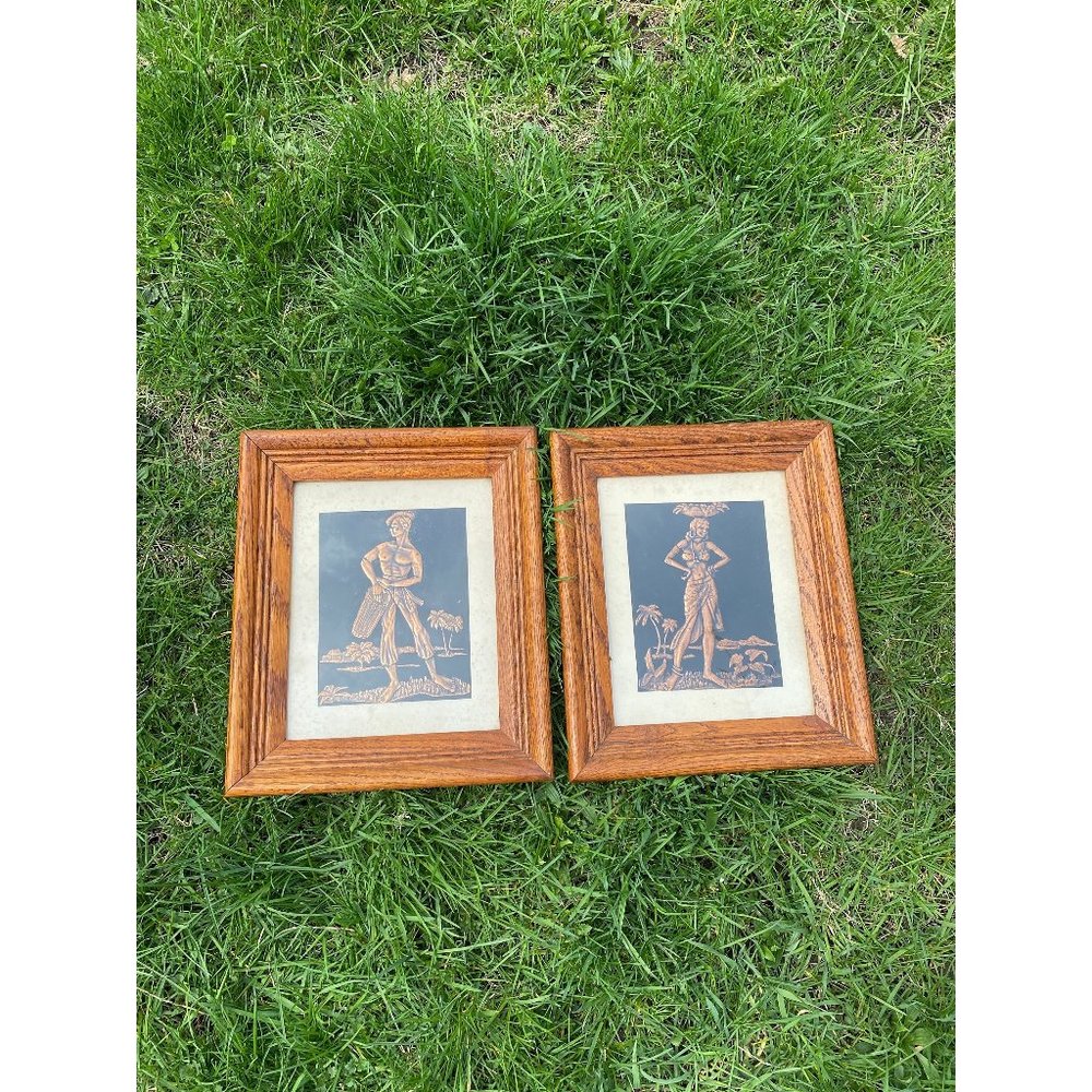 Wooden framed copper Asian art vintage hand pressed man women wall picture